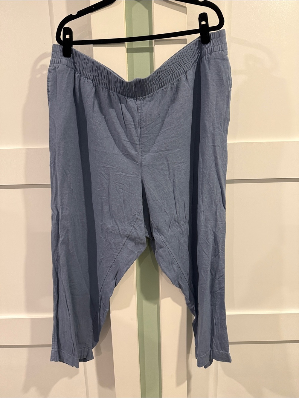 Light Blue Linen Elastic Waist Cropped Pants
